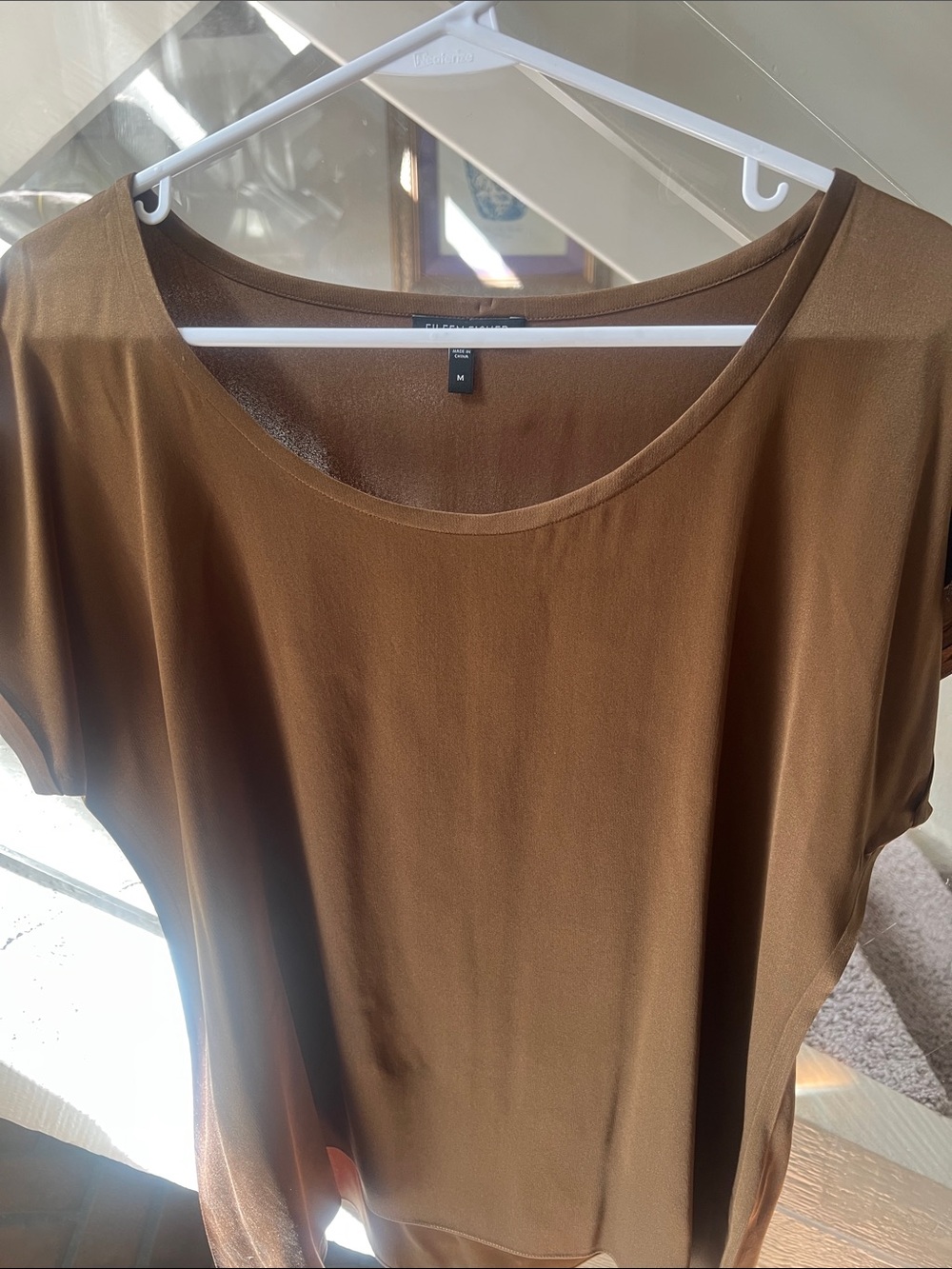 Eileen Fisher Brown silk luxury Scoop-Neck Short Sleeve Top M